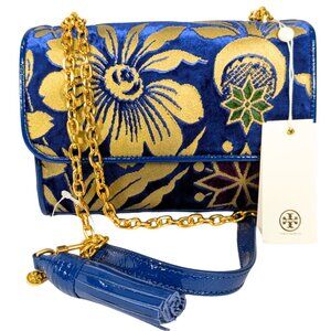 Tory Burch NWT Blue Velvet Cosmic Floral Small Flap Chain Crossbody Purse